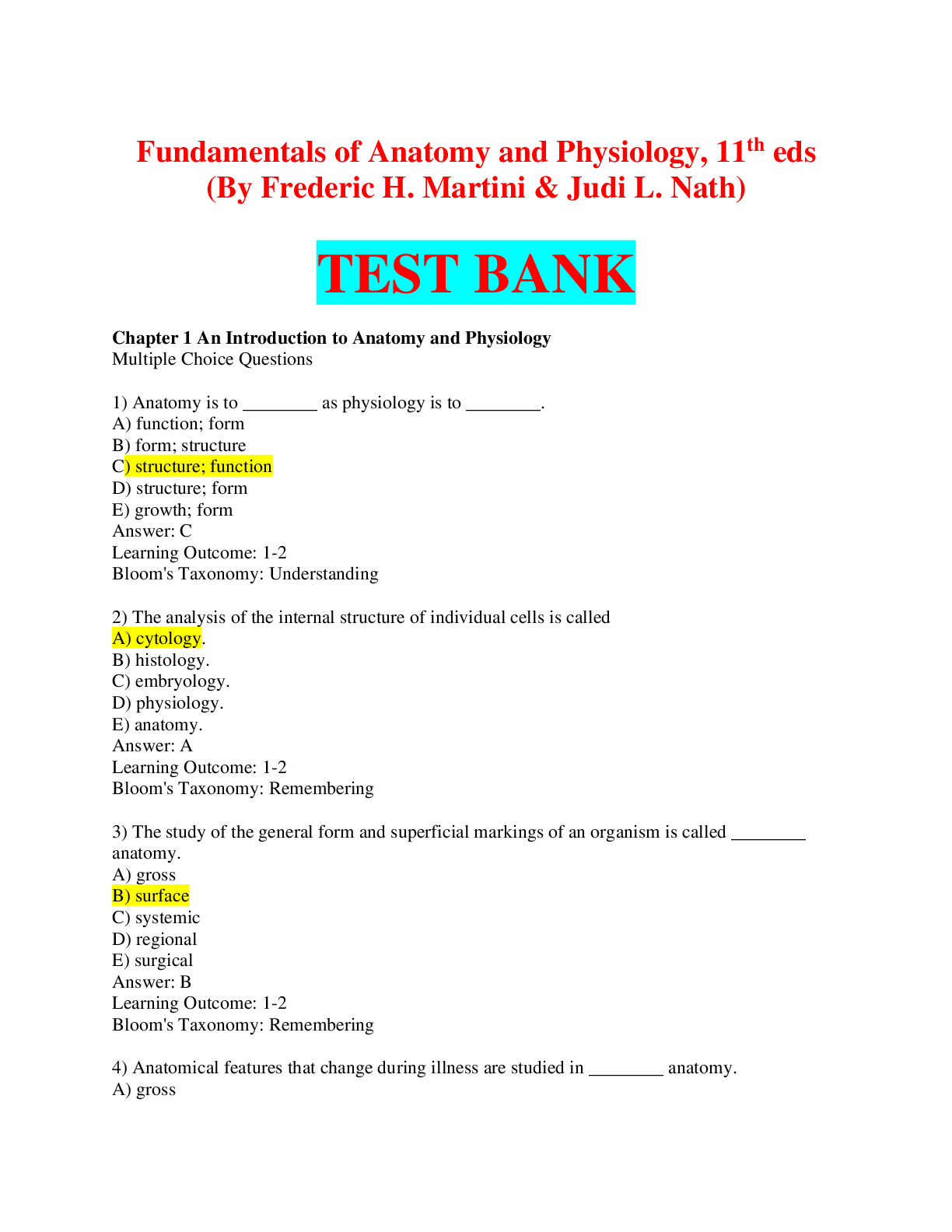 Preview image for Fundamentals of Anatomy and Physiology, 11th eds (By Frederic H. Martini & Judi L. Nath) TEST BANK